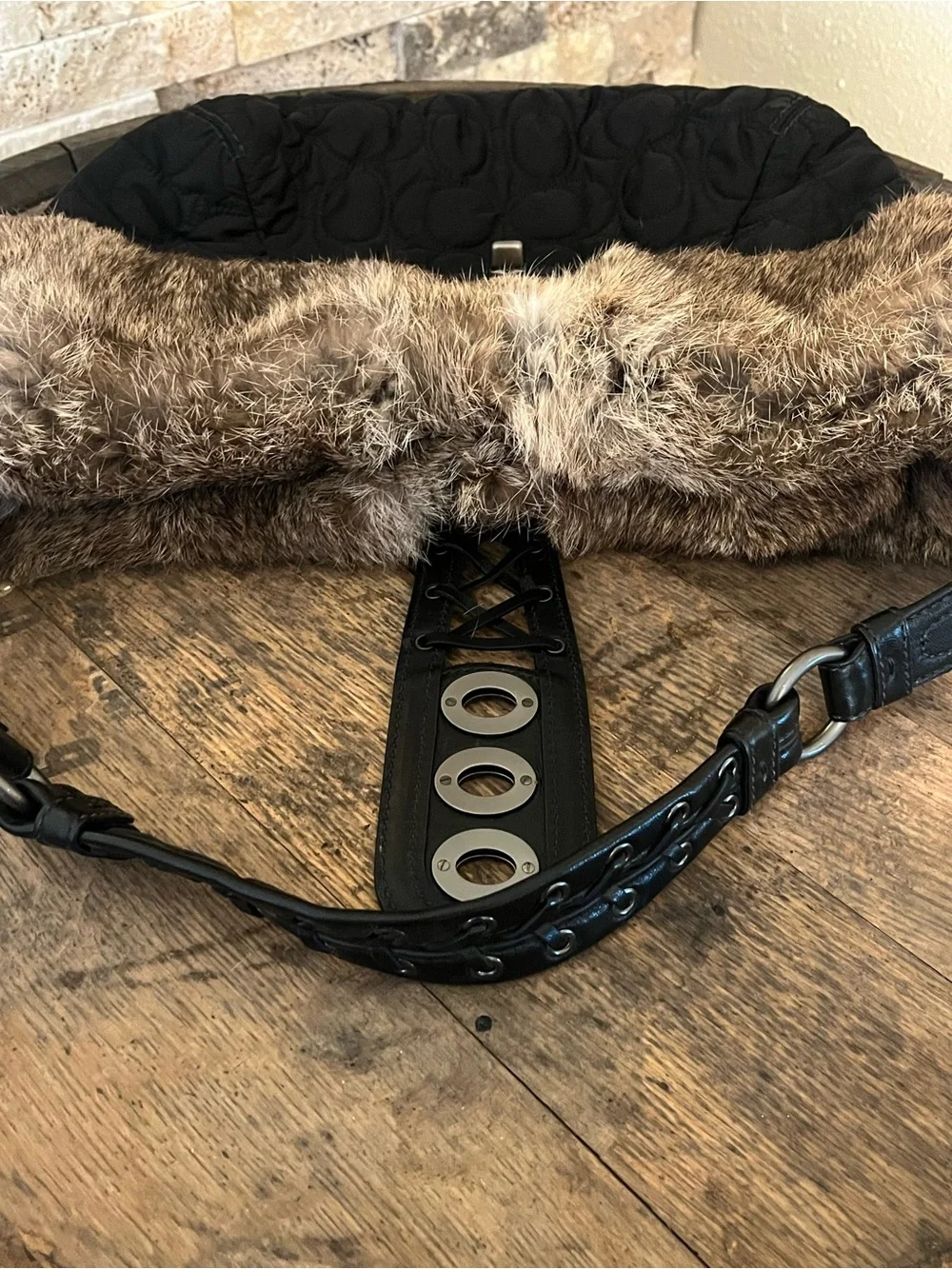 Coach Vintage Black Leather and Rabbit Fur Shoulder Bag